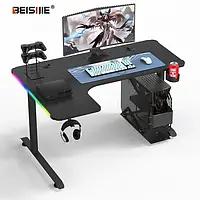 Игровой Геймерский Кутовой Компьютерный Стол с RGB LED Подсветкой, Крючком для Наушников и Подстаканником