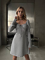 Платье мини длинный рукав с манжетом и фонариком серебро TRA