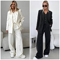 Классический женский костюм тройка оверсайз брюки с пиджаком и жилеткой Черный Молочный Белый