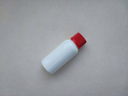 30 мл Круглий ПП поліпропілен флакон білий з червоною кришкою гвинтовою ребристою, пляшка з закруткою, ковпачком, пробкою, фото 1