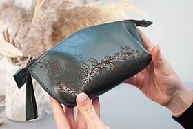 Шкіряна косметичка з квітковим візерунком і пташкою темно-зелена
