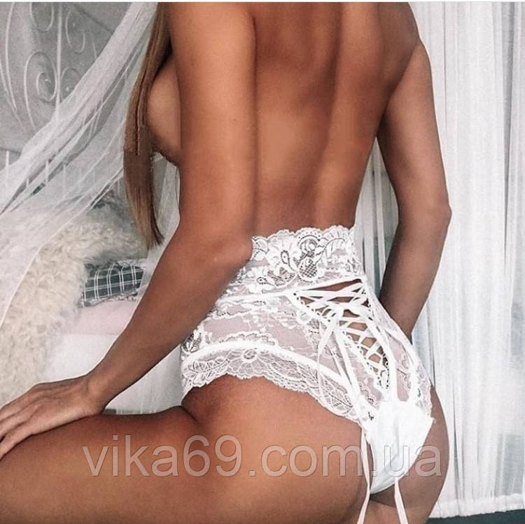 Жіночі трусики утягуючі на шнурівці з французьким мереживом Angelika white