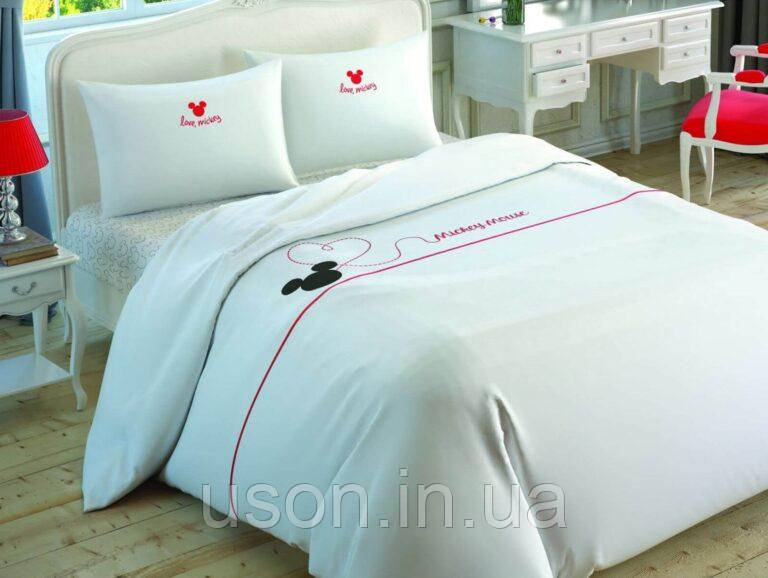 Комплект постільної білизни Tac ранфорс/простирадло на гумці євро розмір Disney Mickey Embroidery, фото 1