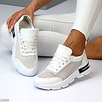 Белые летние женские кожаные кроссовки натуральная кожа + текстильная сетка лето 2024