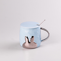 Милая кружка керамическая 300 мл Rabbit с крышкой и ложкой, голубая чашка с крышкой и ложкой, чашка на подарок