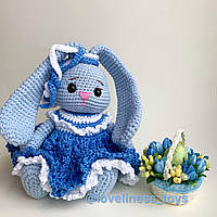 Зайченя блакитного кольору (дівчинка) у синій сукні, зайченя для дитини, м'яка іграшка