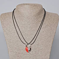 Парні кулони "Серце" на магніті, червона емаль, сріблястий метал 20,5х17,5мм + - L-45-50см+-
