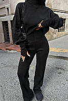 Черный женский повседневный теплый костюм-двойка из ангоры рубчик: Укороченный свитер под горло и Брюки клёш