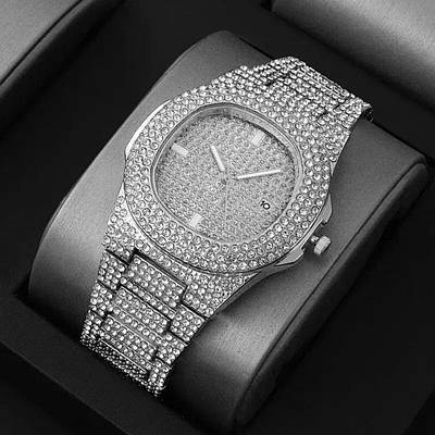 Кварцовий наручний годинник з календарем. Імітація діамантів. Стильні наручні чоловічі, жіночі годинники.