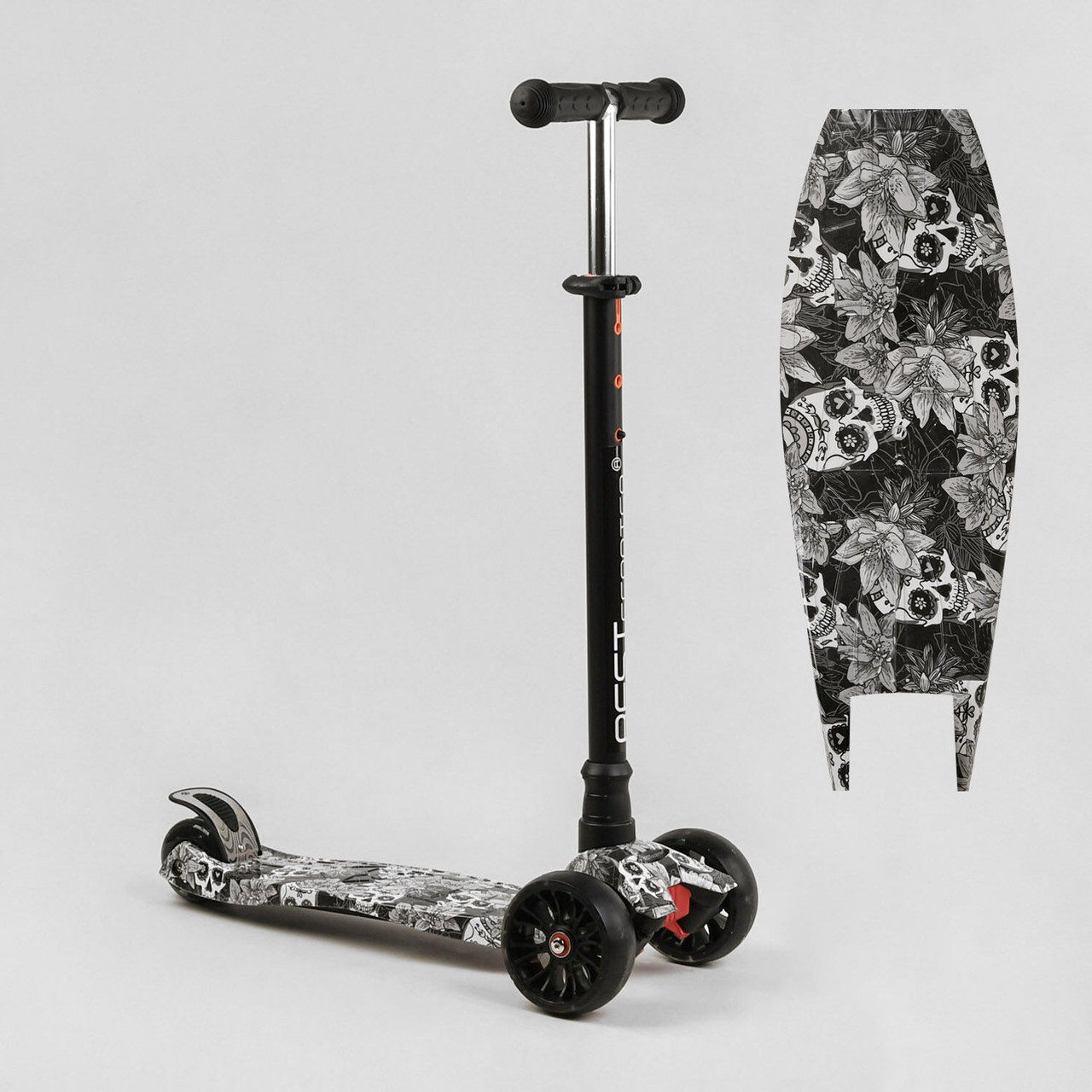 Триколісний самокат для дітей з підсвічуванням Best Scooter Maxi S-12208 Чорний з принтом Складаний самокат