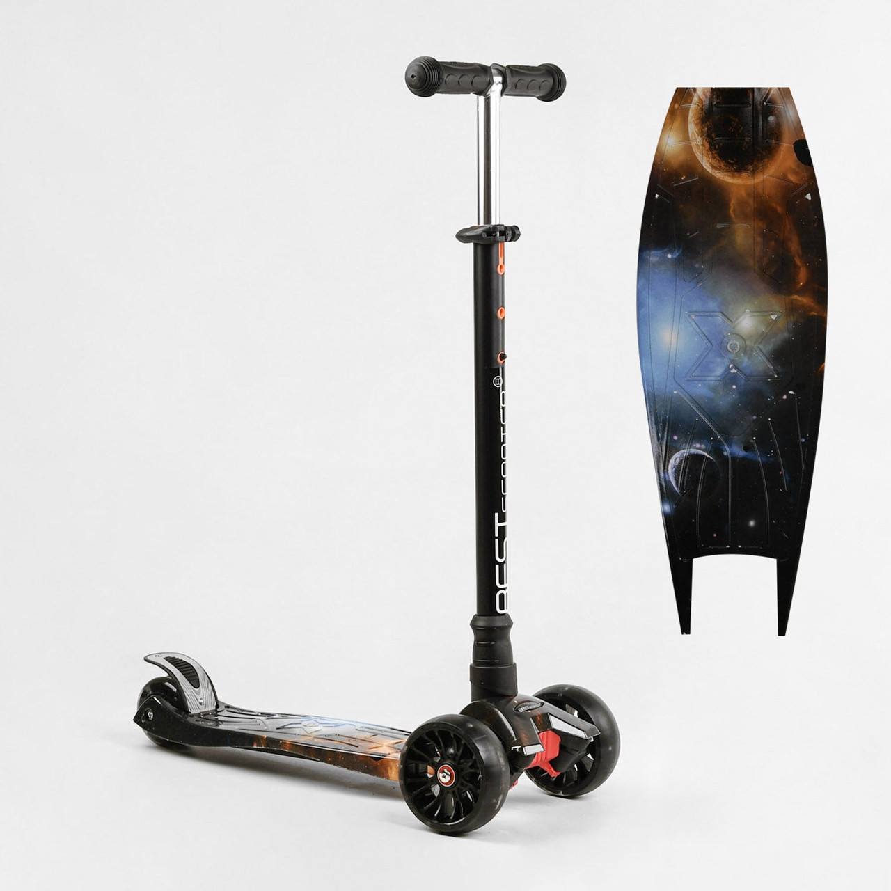 Триколісний самокат з підсвіткою Best Scooter Maxi S-10743 Чорний з принтом Складаний маленький самокат