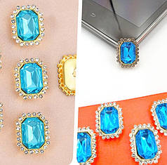 Стразовий декор, камінь у золотистій оправі 19х15 мм, лазурний