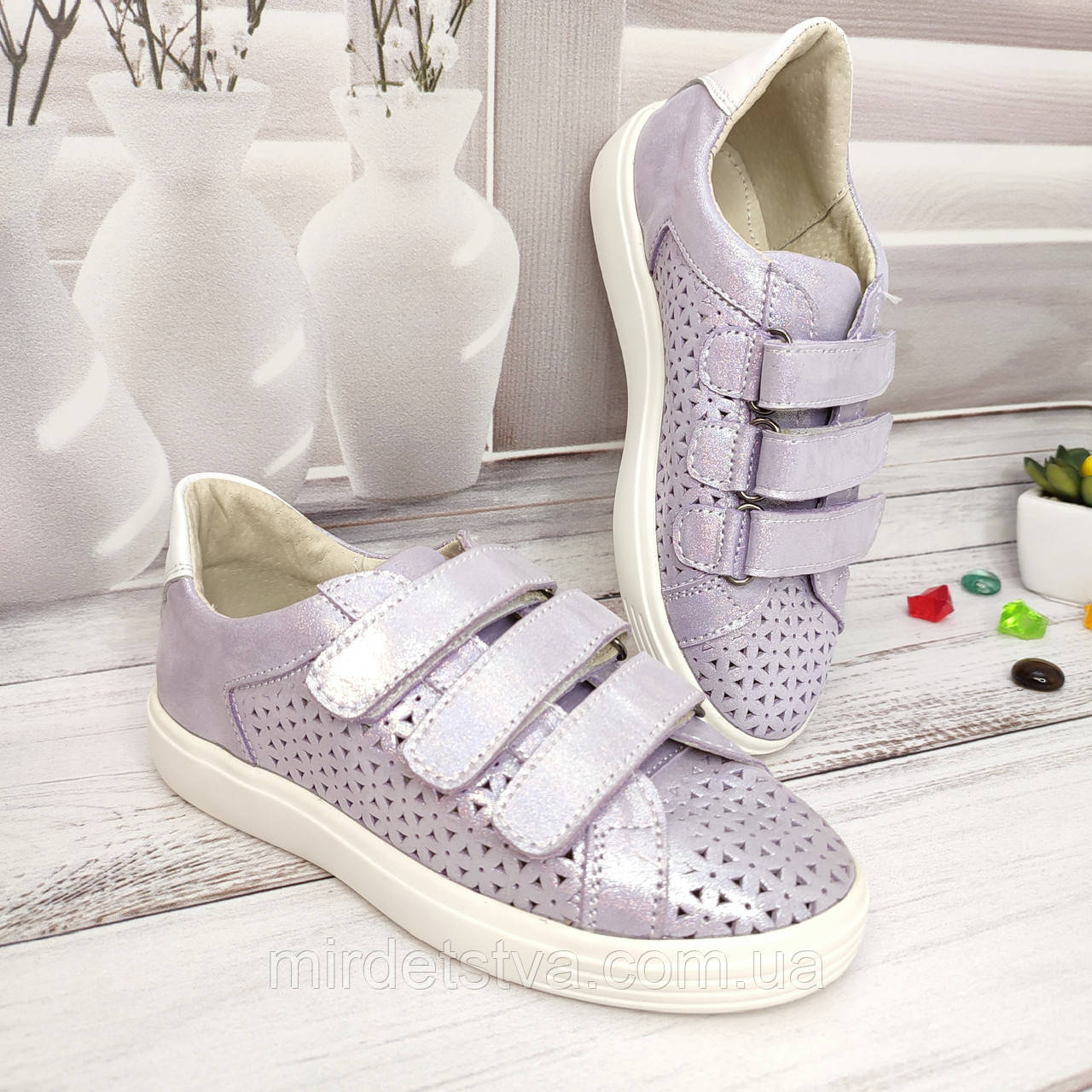 Шкіряні літні дитячі підліткові кросівки з перфорацією Jordan бузок, фото 1