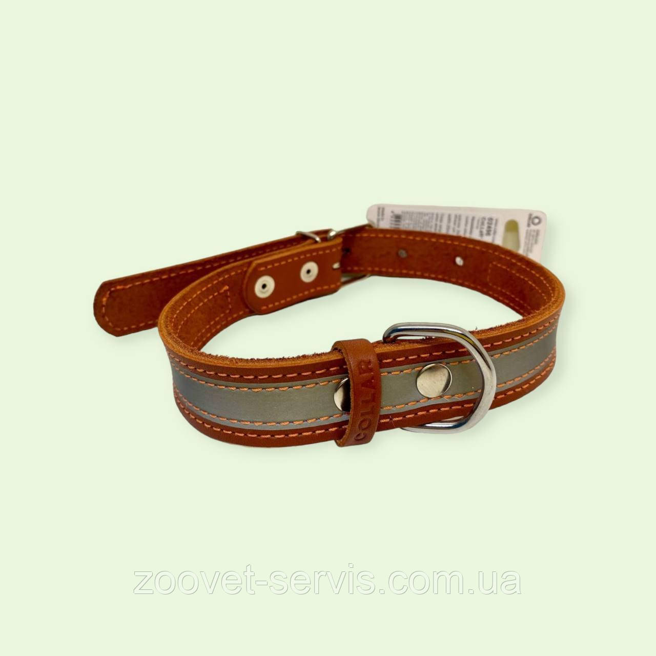 Нашийник для середніх та великих собак шкіряний Collar зі світловідбивною стрічкою 25 мм Коричневий 38-50 см 02496