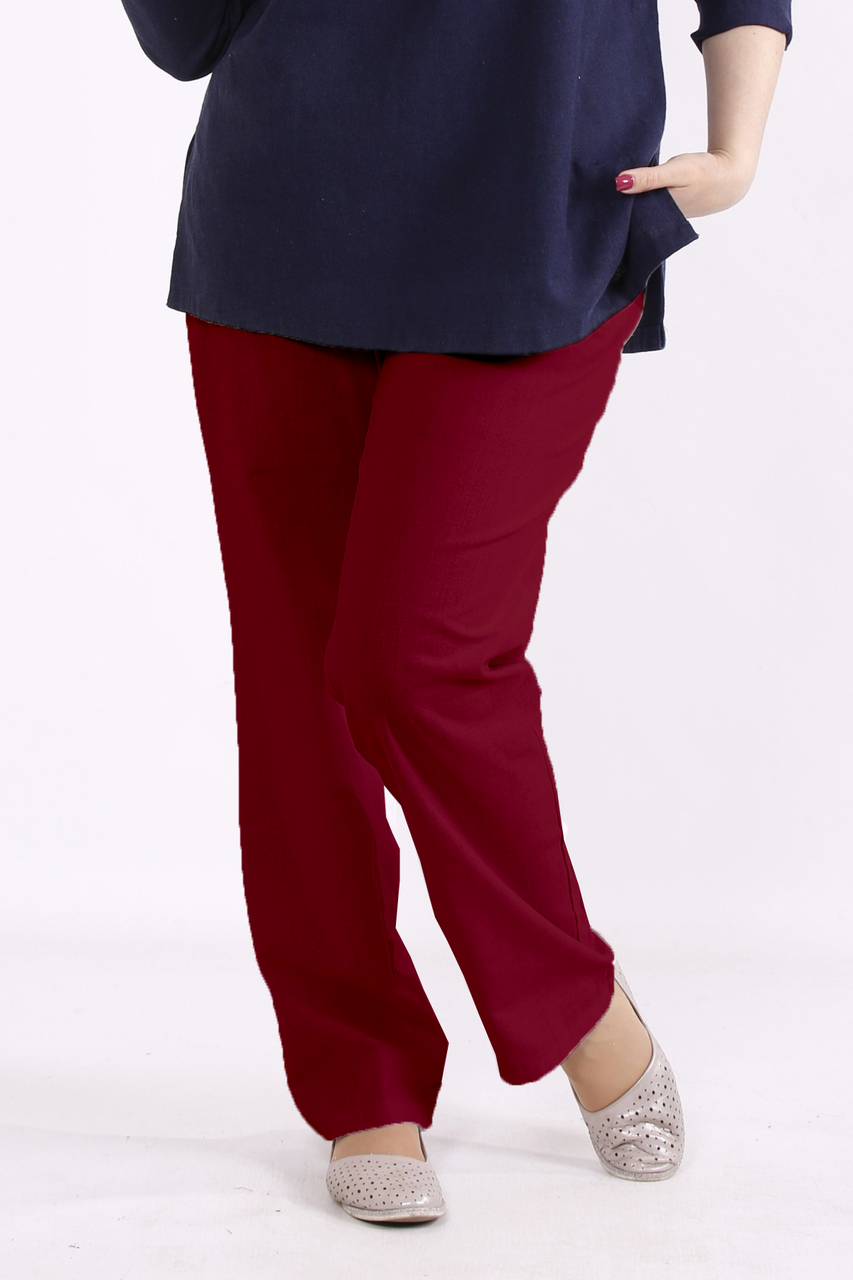 Бордові лляні штани жіночі літні вільні на гумці великого розміру 42-74. b073-4