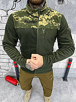 Тактическая мужская флисовая кофта олива + пиксель с липучками под шевроны, Военная флиска олива для военных
