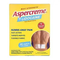 Aspercreme, обезболивающий патч, с 4% лидокаином, максимальная сила действия, размер XL, без отдушек, 3 шт. в