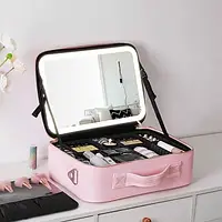 Портативная кожаная косметичка с зеркалом и подсветкой 26x23x11 см PINK HP227
