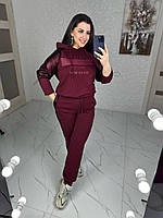 Женский весенний прогулочный костюм худи штаны со вставками из эко-кожи размеры 46-60 Бордовый, 50/52