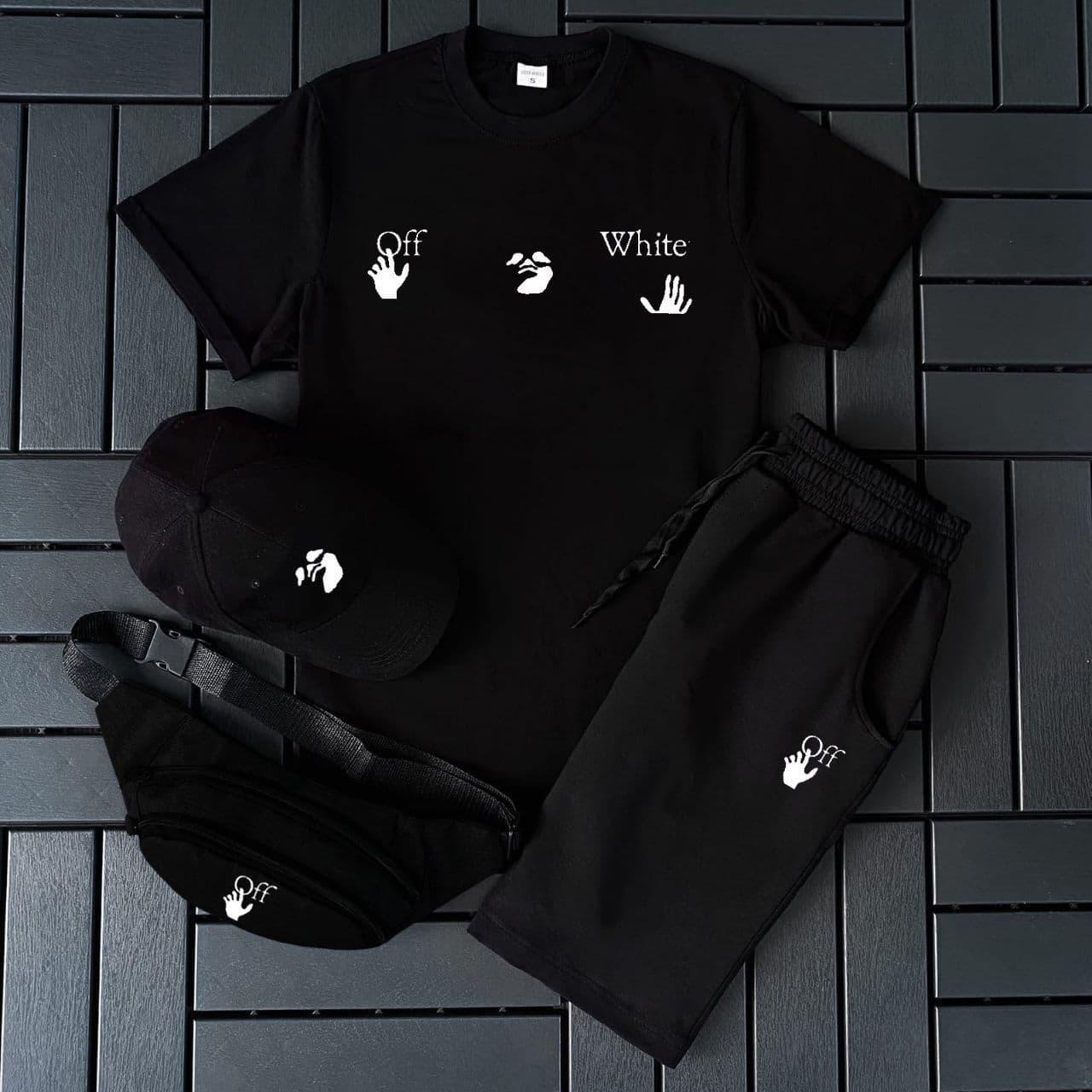 Чоловічий літній костюм Off-White Футболка+Шорти+Кепка+Барсетка у подарунок чорний Комплект Офф Вайт