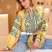Вишиванка жіноча "Батько наш Бандера" жовта з синьою вишивкою, вишита блуза в етно стилі Esq 5675