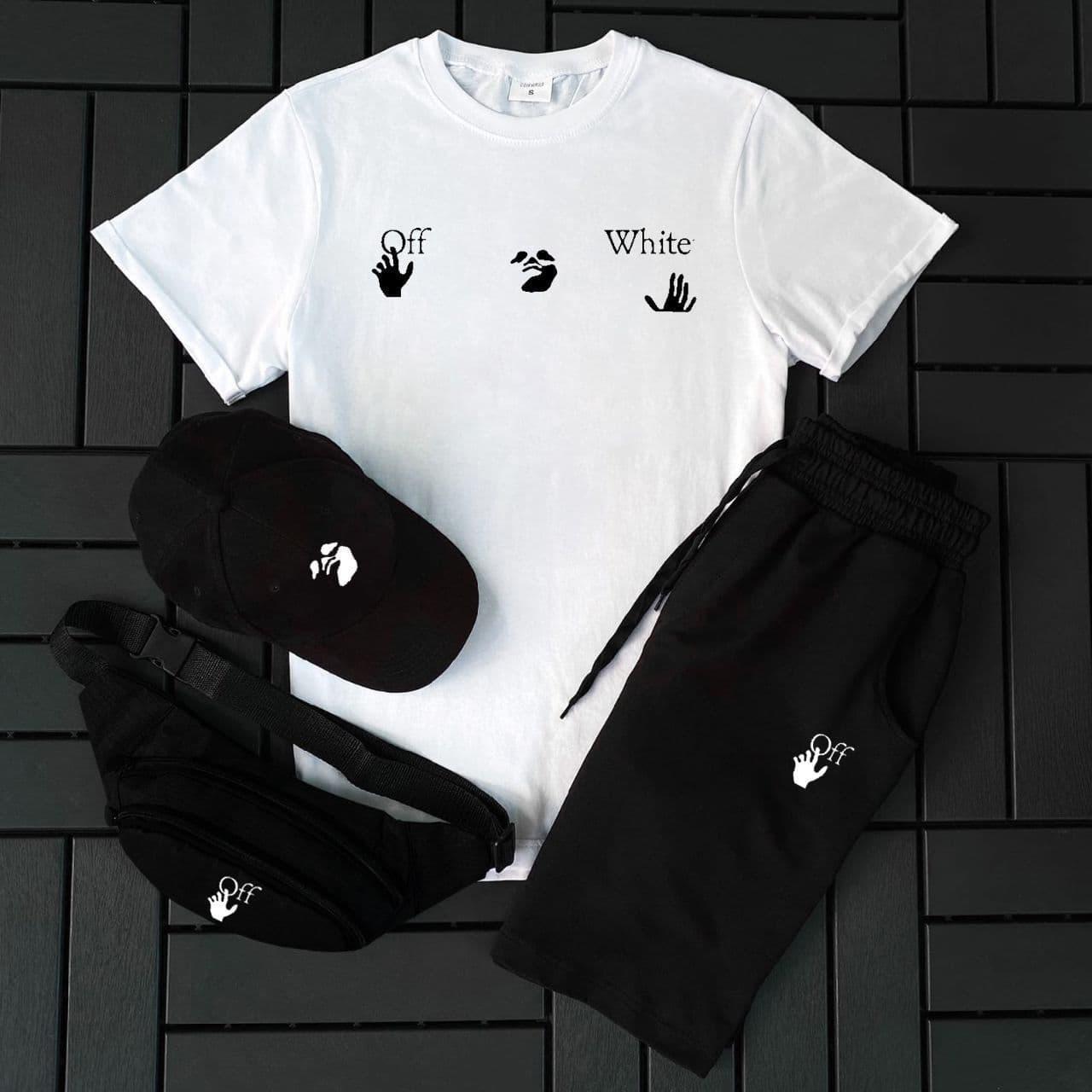 Чоловічий літній костюм Off-White Футболка+Шорти+Кепка+Барсетка у подарунок білий Комплект Офф Вайт