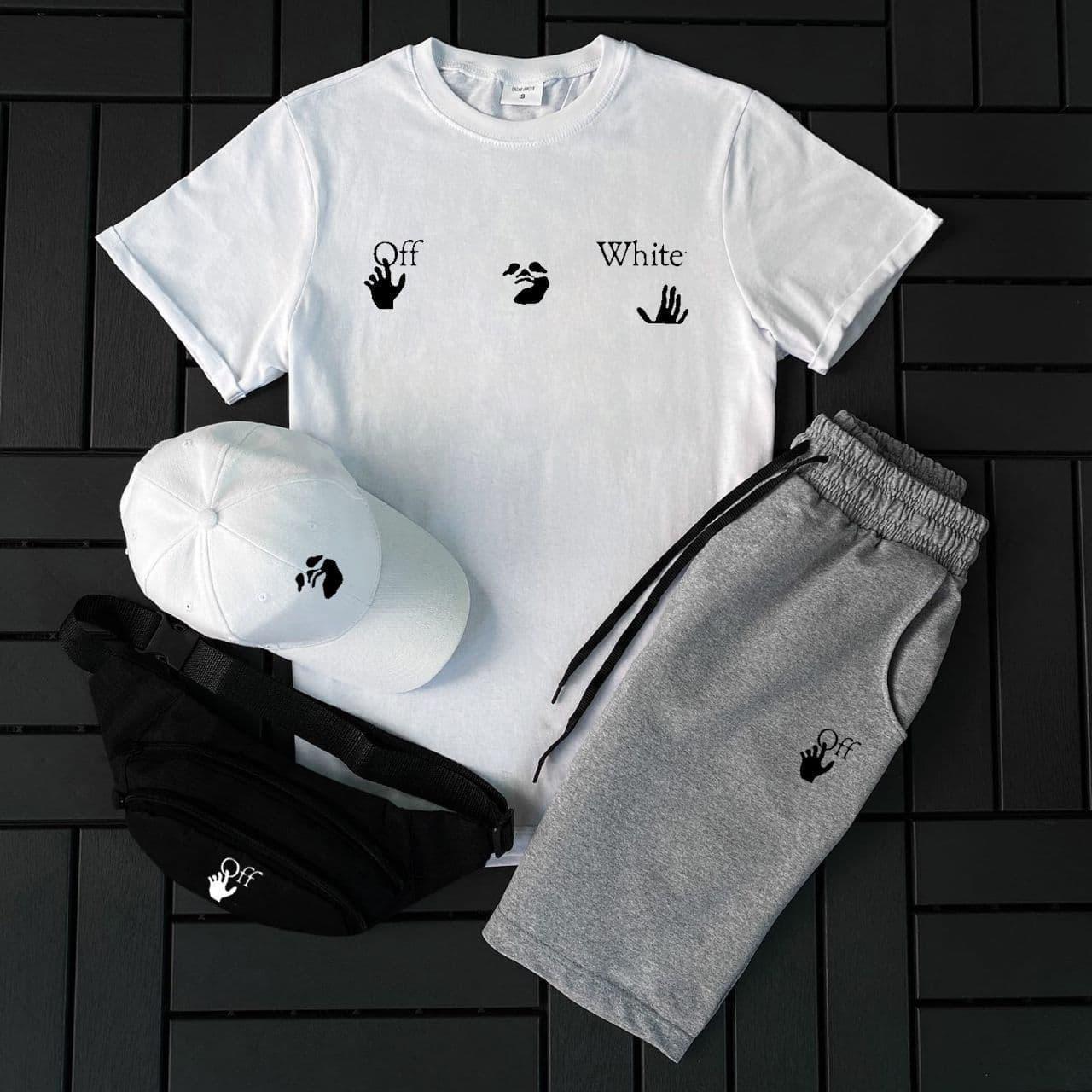 Чоловічий літній костюм Off-White Футболка+Шорти+Кепка+Барсетка у подарунок білий Комплект Офф Вайт