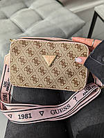Женская сумка Guess Гесс кросс-боди мини лого бежевая с розовым