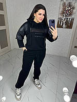 Женский весенний прогулочный костюм худи штаны со вставками из эко-кожи размеры 46-60 Черный, 50/52