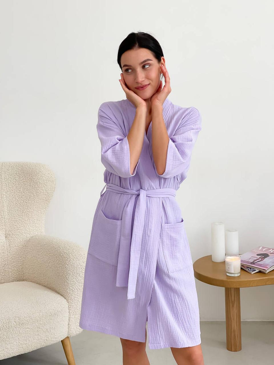 Новинка! Стильний мусліновий жіночий подарунковий комплект COSY халат +сорочка лаванда в пакованні