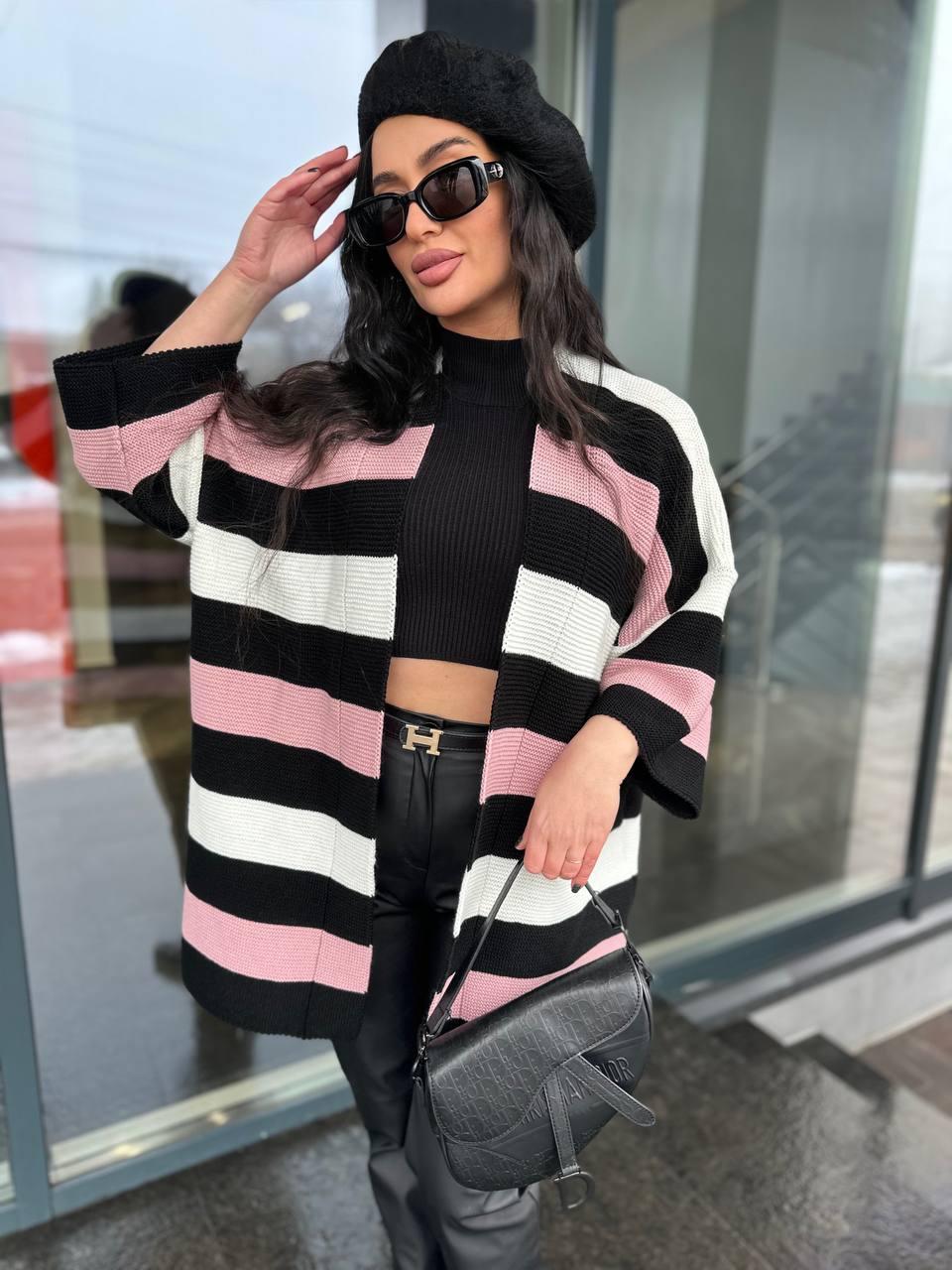 Кардиган жіночий теплий в'язаний у смужку вільного крою, фото 1