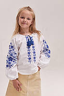 Вышиванка для девочки "Фиалка", детская белая блузка с синей вышивкой гладью