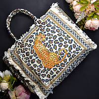 Летняя сумка женская большая с рисунком "Леопард в очках" (Цвет: Бежевый)) Размер: 46х19х32 см