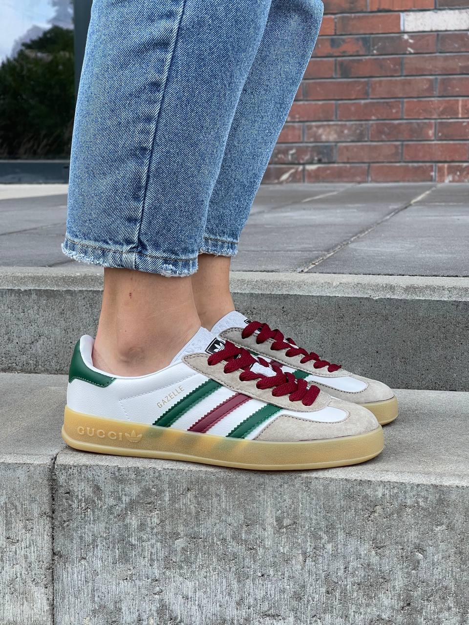 Жіночі Кросівки Adidas Gazelle x Gucci White Red Green / Адідас Газелі Гуччі