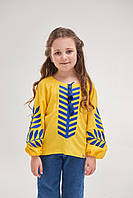 Вышиванка для девочки "Папоротник" желтая с синей вышивкой, детская льняная вышитая блузка