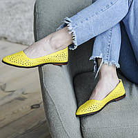 Женские летние туфли балетки кожаные с перфорацией размеры 33-42 Желтый, 41