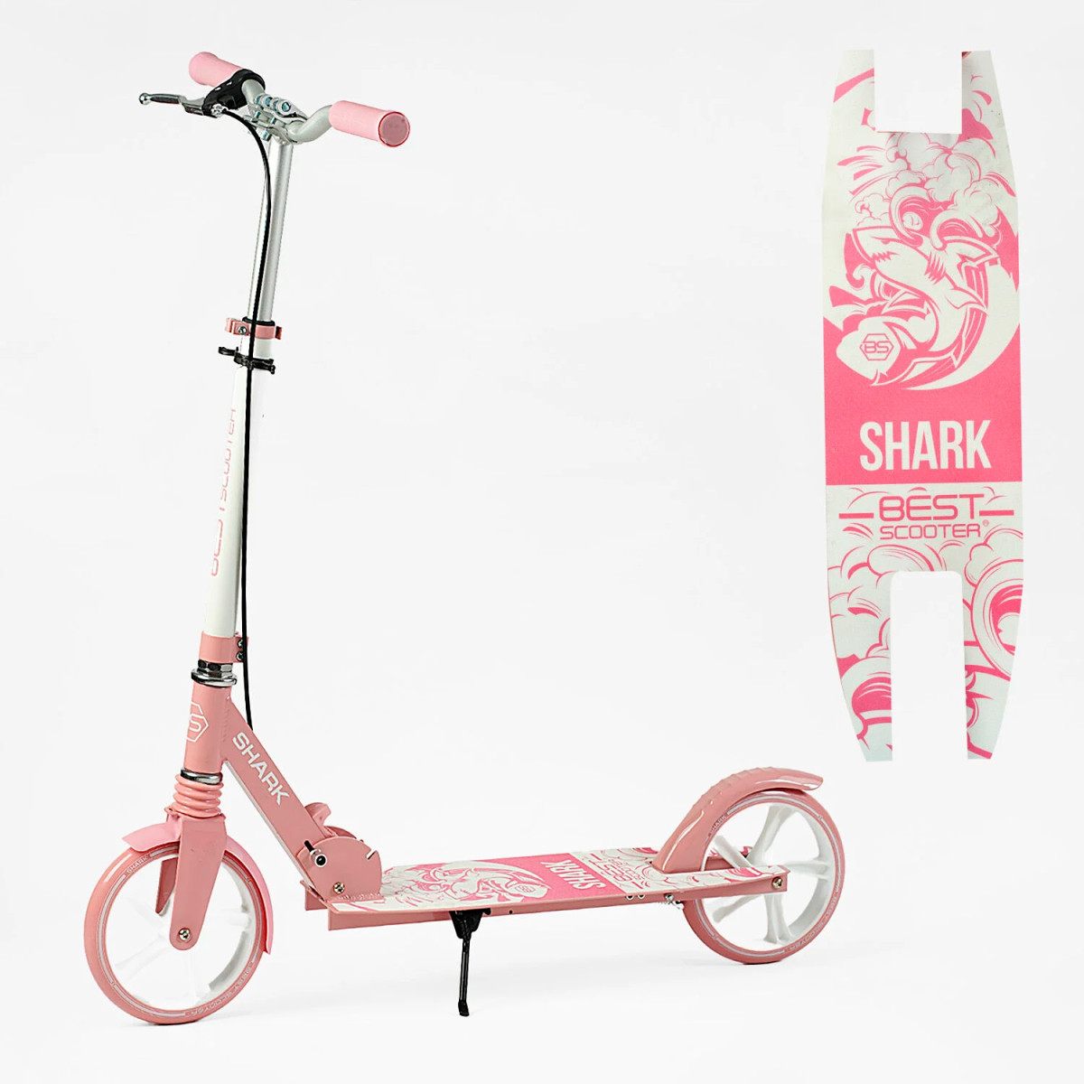 Двоколісний самокат Best Scooter SHARK SH-41102 складаний з ручним гальмом і амортизатором, рожевий