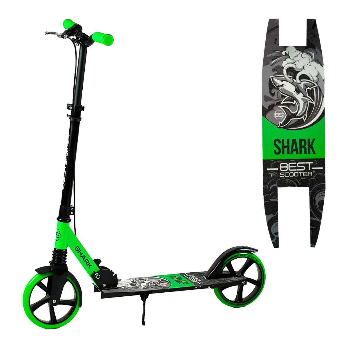 Двоколісний самокат Best Scooter SHARK SH-50730 складаний з ручним гальмом і амортизатором, зелений