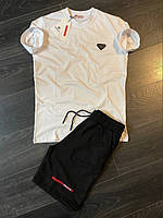 Prada модный мужской летний комплект костюм белая футболка и черные шорты Прада хлопок