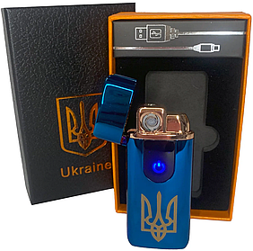 Запальничка електронна газова Україна в подарунковій коробці (USB спіраль та гостре полум'я) HL-431 синя