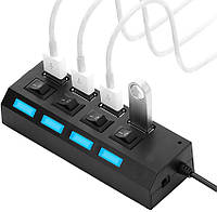 USB хаб Memos на 4 порта с переключателями Black, питание от USB 2.0 разветвитель с кнопками on off! Скидка