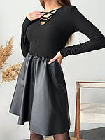 Стильна жіноча чорна сукня з пишною шкіряною спідницею р. 42-44, 46-48