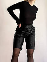 Черные женские шорты бермуды из эко-кожи с ремешком в комплекте