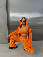 Стильный женский костюм спортивный черный, модный велюровый костюм тройка брюки+топ и пиждак Оранжевый