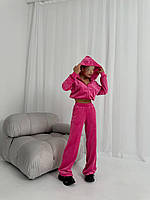 Стильный женский костюм спортивный мокко, модный велюровый костюм тройка брюки+топ и пиждак Малиновый
