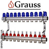 Колектор 1110-11 для системи "ТЕПЛИЙ ПОЛ" Grauss на 11 виходу з термодатчиком і витратоміром (Чехія)