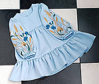Детское праздничное платье для девочек голубого цвета с вышитыми рукавами размеры 104,110,116,122,128