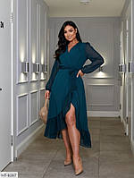 Красивое вечернее платье женское каскад удлиненное сзади ниже колен с воланом и поясом больших размеров 50-56