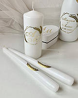 Комплект белых свадебных свечей золотая рамка и колоски