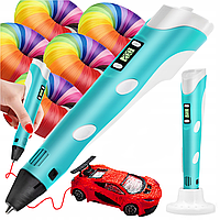 3D ручка принтер с дисплеем и трафаретами + стержни, DL93, Голубая / 3д ручка для рисования / Ручка 3д детская
